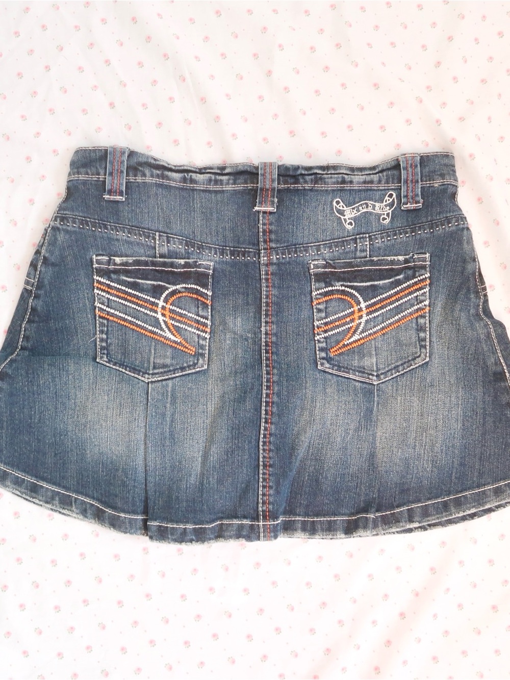 Denim Mini Skirt with Embroidered Back Pockets - Blue